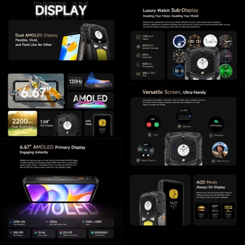  Téléphone robuste Ulefone Armor 29 Pro, version thermique, 16 Go + 512 Go, vision nocturne, écran 6,67 pouces + 1,04 pouce, Android 15, MediaTek Dimensity 7400 Octa Core, réseau : 5G, OTG, NFC (noir) SU022B1430-019